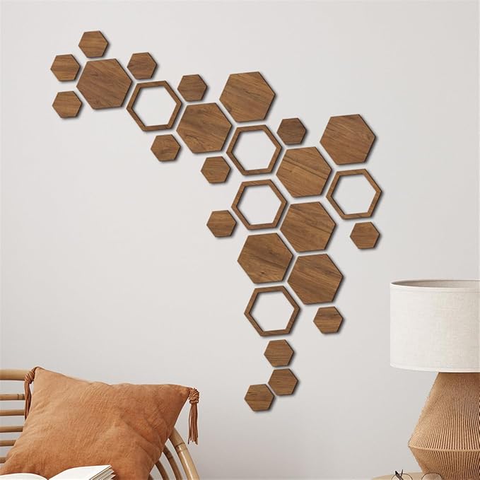 Wooden Hexagon Wall Art Decor, 27 PCS 3D Removable Hexagon Wall Stickers Honeycomb Decor, Wood Hexagon Wall Decor Panels DIY Hexagonal Wall Decals for Office Living Room Bedroom Home Wall Decoration