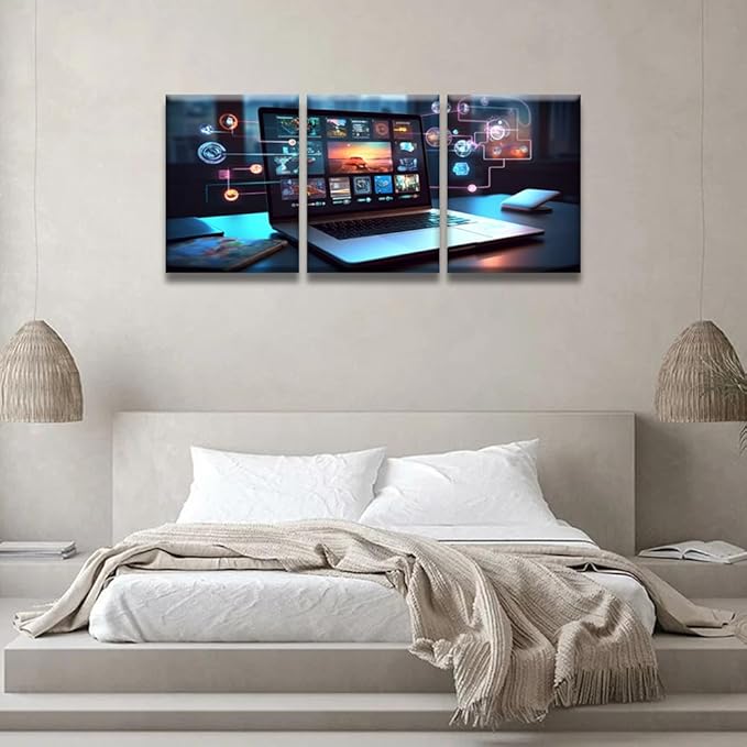 Bedroom Wall Decor 3 Panel Cloud Technology,Smart Home Artwork Print on Canvas for Living Room Bedrooms Wall Decorations, Wooden Framed Gallery-Wrapped Ready to Hang 12x16inchx3