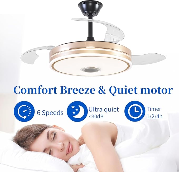 Retractable Ceiling Fan with Lights, 42 inch Ceiling Fan with Light and Remote, Low Profile Bladeless Fan for Bedroom Living Room