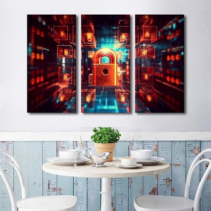 Wall Art for Living Room Multi Panels Modern Wall Decor Concept of Cybersecurity and Data Protection Picture Poster, Wooden Framed Gallery-Wrapped Ready to Hang, 60" Wx40 H