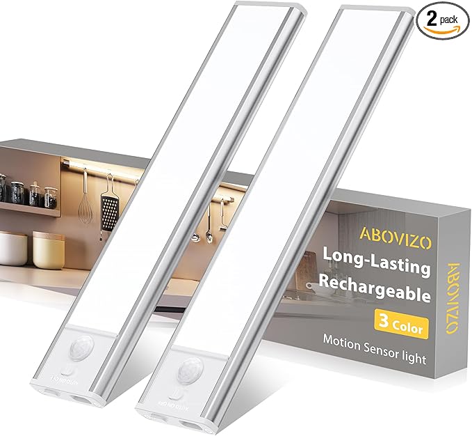 LED Under Cabinet Lighting, Battery Operated Motion Sensor Light Indoor Wireless, 3 Color Temps, USB Rechargeable Closet Light, Dimmable Under Counter Lights for Kitchen Stairs Closet Pantry, 2 Pack