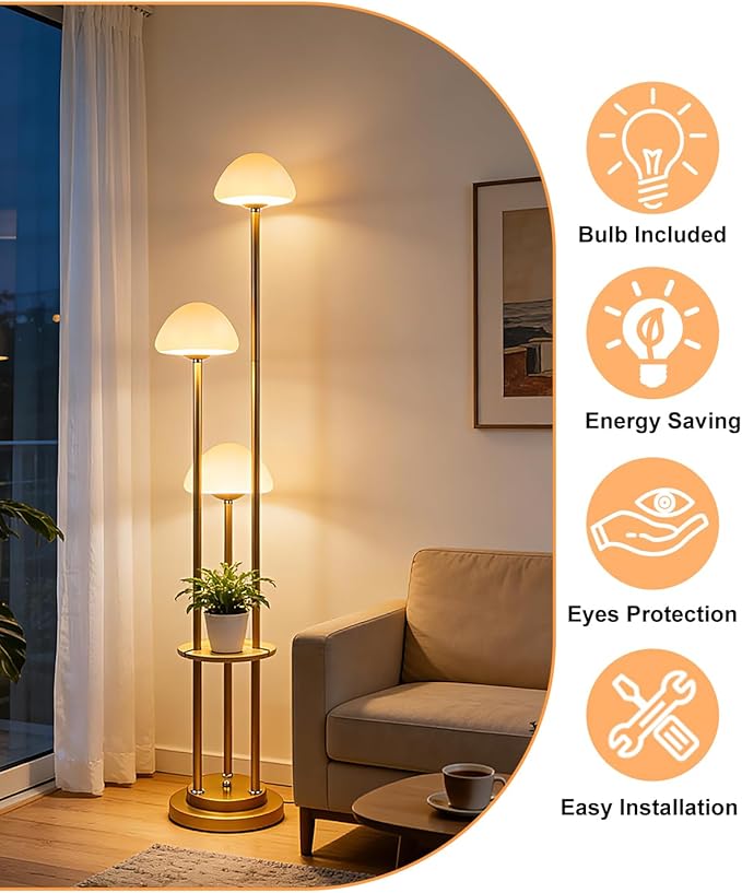 Lightdot Gold Dimmable Floor Lamp with Table, Modern Floor Lamps with Mushroom Shades & Bulbs, 3000K Warm Lights Tall Standing Lamp for Living Room/Bedroom/Office/Sofa Beside/Corner Decor