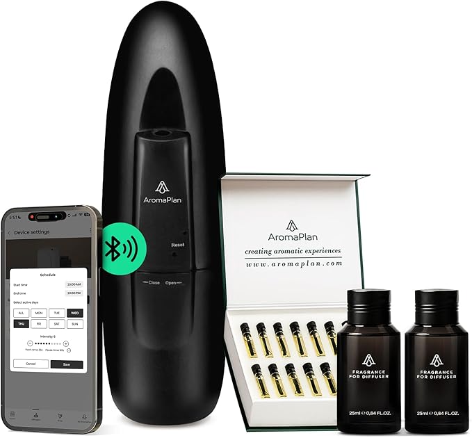 AromaPlan 5 Star Collection Plug in Diffuser (Fragrances+Sample Set Included)-Cold Air & Waterless Diffusers for Home & Office- Silent Wall Diffuser Plug in, Bluetooth App Control, 1000 sq. Ft (Black)