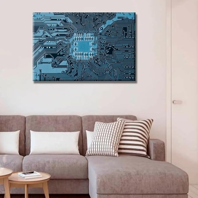 LSIUHWUWI Canvas Wall Art for Living Room Electronic PC Blue Electronic Circuit Wall Art CPU Concept Vault Door and Binary Code Inside Home Decor Electronic Board Picture Ready to Hang 16X24 INCH