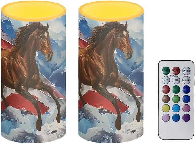 American Flag Flameless Candles 2 Pack 6 x 3 inch Horse Print Battery Operated Candles with Multicolor Timer Remote Control LED Fake Candles for Warm Light Dinner Table Home Patriotic Decor