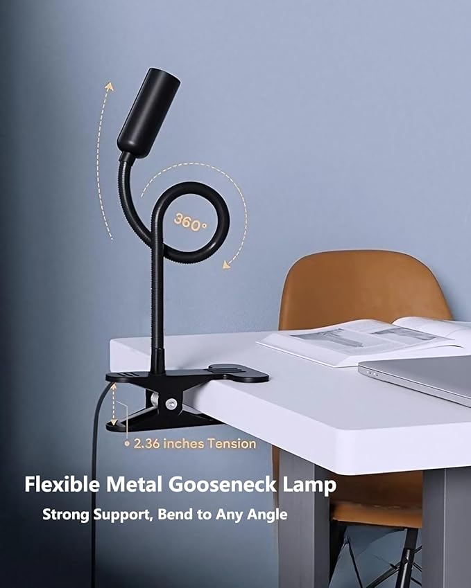 JHD Led Desk Lamp with Clamp - 10 Brightness Levels, 12" Flexible Gooseneck,Eye Protection USB Lamp - Suitable for Home Office, Reading, Bed Light,Quality Black Metal Clamp Light,Headboard Lamp