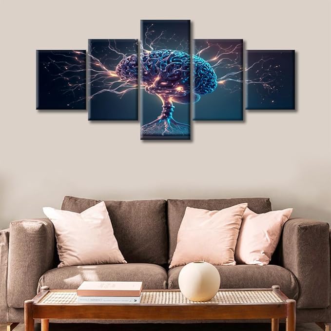 Human Brain with Neuronal Impulses Wall Art Painting Abstract Brain Bedroom Living Room Brain Framed Modern Pictures Canvas Prints Artwork for Wall Decor Office Decorations, (50"Wx24"H)