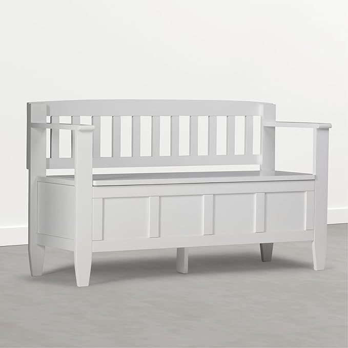 SIMPLIHOME Brooklyn Entryway Storage Bench - 48 inch Wide Solid Wood Storage Seat in Chantilly White, Contemporary Bench for Entryway or Living Room with Lift-Up Lid and Slatted Backrest