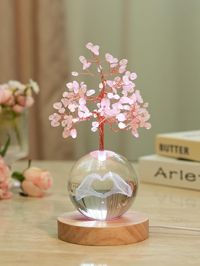 Rose Quartz Crystal Tree of Life for Positive Energy, Chakra Healing Tree with Remote Control Multicolor Night Light for Room, Office, Desk Decor, Pink Gift for Women, Girls (Heart Hands)