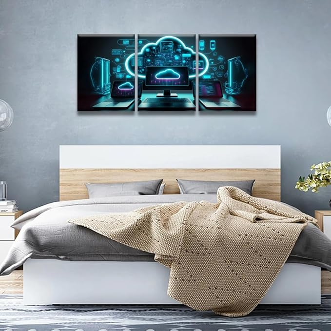 LSIUHWUWI 3 Panel Canvas Wall Art Modern Cloud Technologies Neon Colors Cyber Space Pictures Print On Canvas for Living Room Bedroom Wall Decoration, Posters Ready to Hang, 12x16inchx3