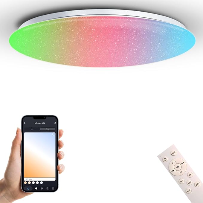 1-Pack, 19 inch Smart LED Music Ceiling Light with Bluetooth Speaker, Compatible with Alexa & Google Home, Color Changing RGB Dimmable Light for Living Room, Bedroom, Kitchen