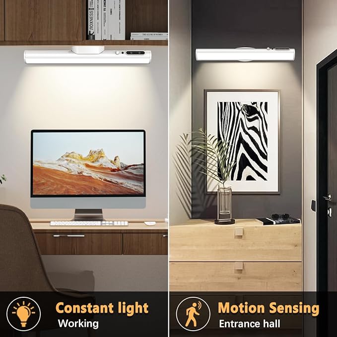Hapfish Motion Sensor LED Light Bar Indoor, Rechargeable Under Cabinet Lighting Wireless, Magnetic Battery Powered Operated Wall Strip Lights with Remote Control for Mirror Closet Counter - White