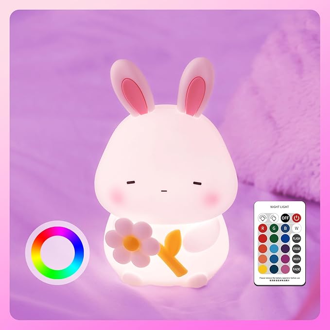 Cute Bunny Night Light for Kids, 7 Colors Squishy Silicone Touch Lamps, 3 Level Dimmable Rabbit Nursery Nightlight, 1200mAh Rechargeable Easter Gifts for Baby Toddler Girls Boys Room Decor