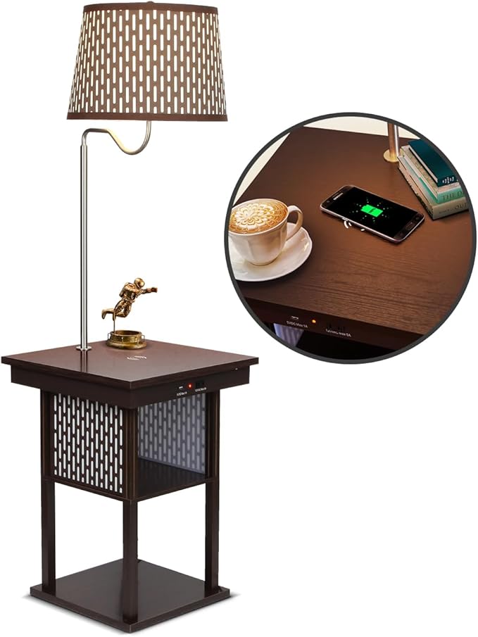 Brightech Madison Side Table with Lamp Combo, Desk Lamp with Wireless Charging Pad and USB Port, Bedside Reading Lamp, Nightstand Lamp with LED Bulb for Bedroom, Living Room, Office - Havana Brown