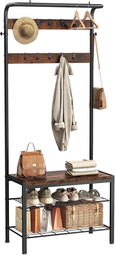 NEWBULIG Hall Tree with Shoe Bench and Coat Rack, 4-in-1 Entryway Organizer with 10 Hooks and Storage Shelf, Rustic Wood Finish Entryway Bench for Mudroom, Living Room, Bedroom
