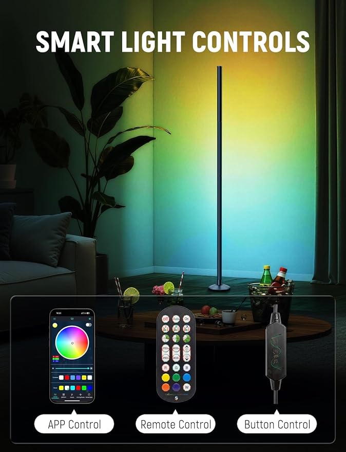 Corner Floor Lamp Smart RGB LED Corner Lamp with Music Sync, App and Remote Control Color Changing Ambience Light, Timing for Living Room, Bedroom, Gaming Room