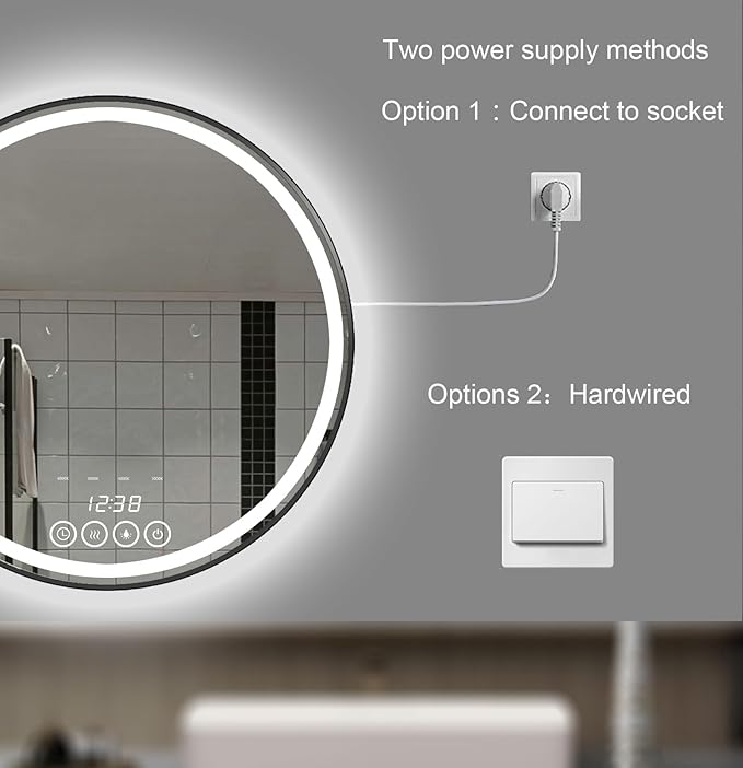 Wall-Mounted Round Bathroom Mirror with LED-Lights - Frame Vanity Mirrors (24" x 24", Black)