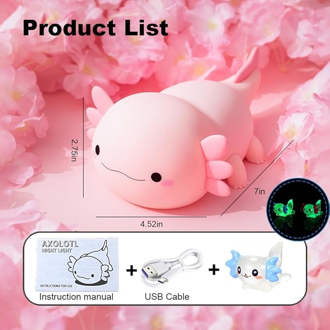 Cute Axolotl Night Light for Kids Bedroom, Animal Silicone Nursery Night Lamp Touch Control Nightlights USB Rechargeable Bedside Lamp for Baby Children Toddlers Girls Gift (Pink Axolotl+1)