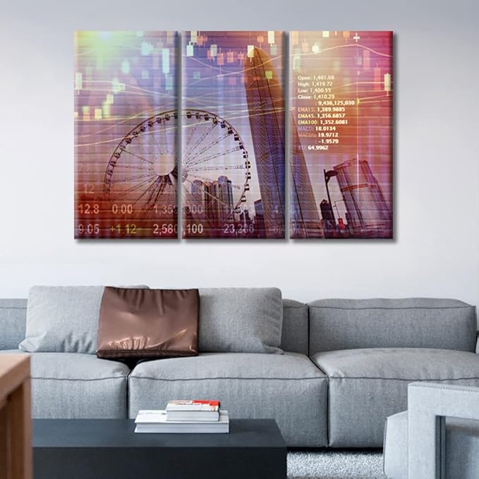 TUMOVO 3 Panels Office Decor Stock Market Picture Wall Art for Living Room Stock Market on Display Black and White Wall Art Smart City Posters and Prints Framed Ready to Hang (42" Wx28 H)