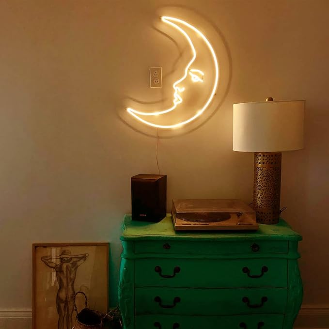 Moon Face Neon Sign Wall Decor, 3D Aesthetic Art Moon LED Sign Light, Retro Night Light, Crescent Led Sign Astronomy Lamp for Bedroom Home Bar Man Cave Parties, Housewarming Gifts - 16"