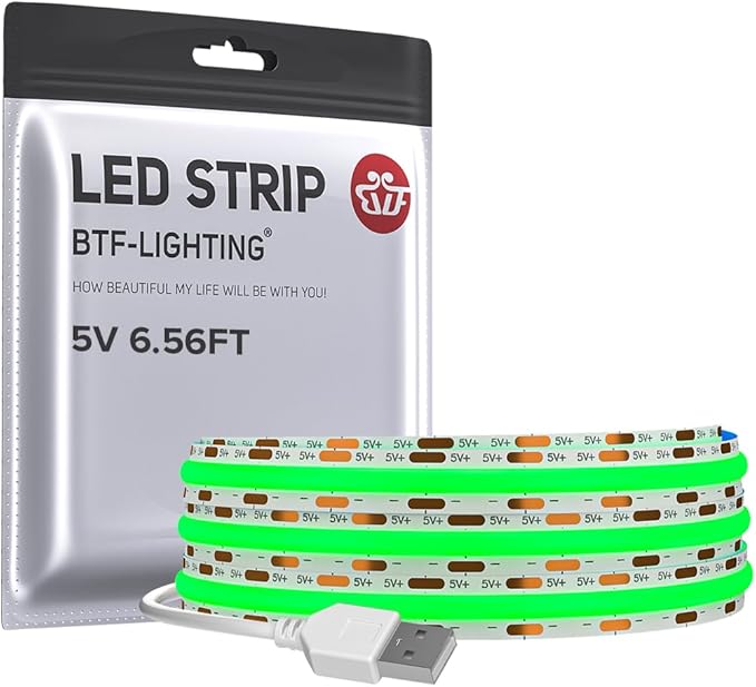 BTF-LIGHTING FCOB USB Powered Green Color COB LED Strip Lights 6.56FT 640LEDs 5V 8mm Width 90+ High CRI Ultra Bright Flexible Light for 3D Printer TV Backlight Display Cabinet PC DIY Decor