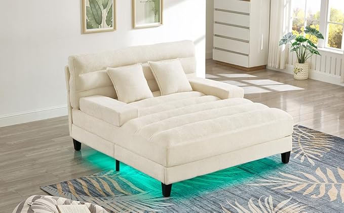 LifeSky Adjustable Chaise Lounge Sofa: 6-Position Reclining Sofa Bed with Smart LED Lighting - 60,000+ Color App-Controlled RGB Light Strip for Living Room & Apartment - Soft Chenille Upholstery Beige
