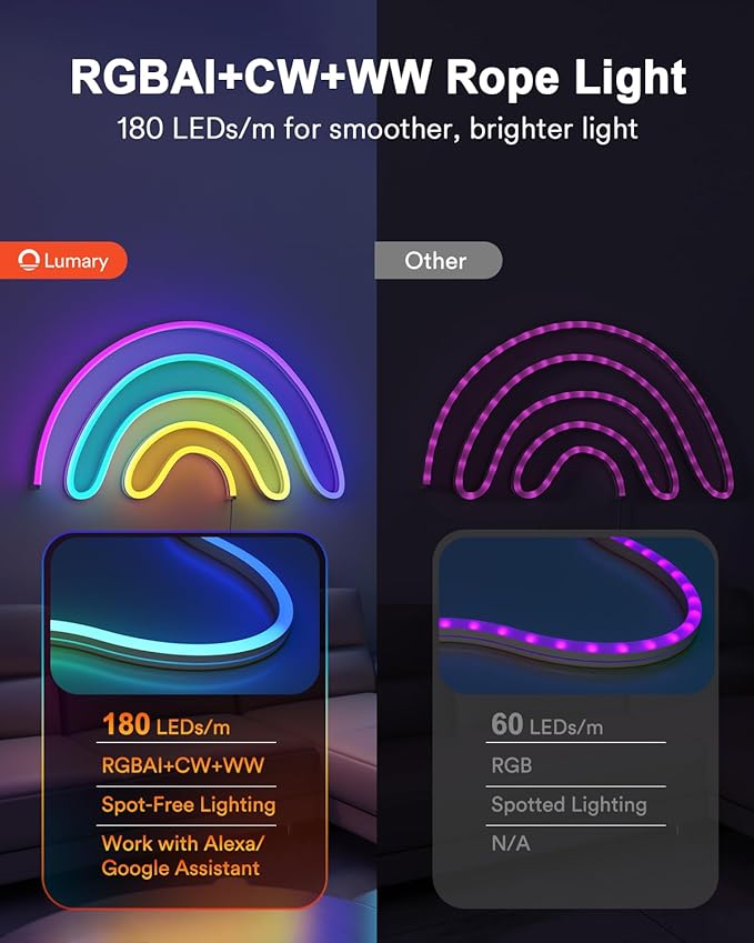 Lumary Smart RGBAICW Neon Rope Light Indoor, 9.8ft LED Lights for Bedroom Works with Alexa/Google Assistant, 180LEDs/m RGB & Warm White & Cool White Strip, Wall Decor for Halloween, Softer Material