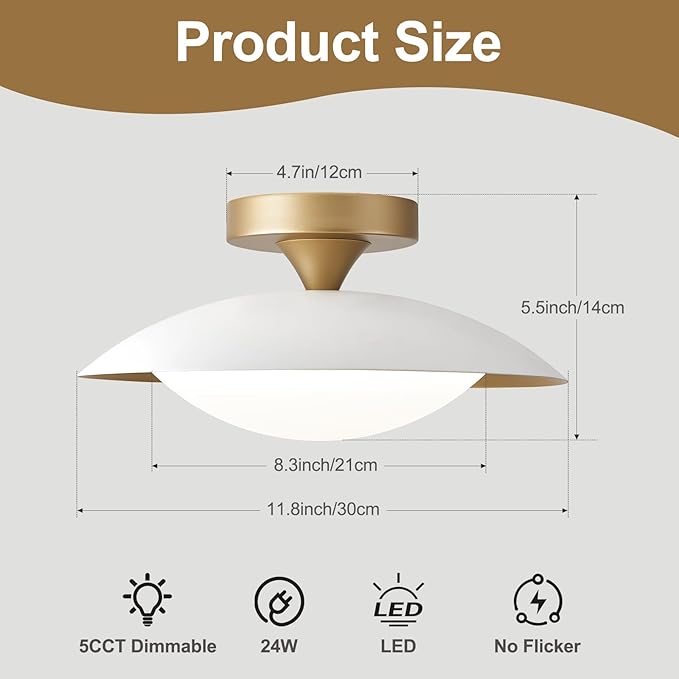 Small Dimmable Mid Century Modern Ceiling Light,5CCT LED White Gold Semi Flush Mount Ceiling Lamp,for Hallway Entryway Bedroom Laundry Room Kitchen Light Fixture 2700K-6000K,11.81 in