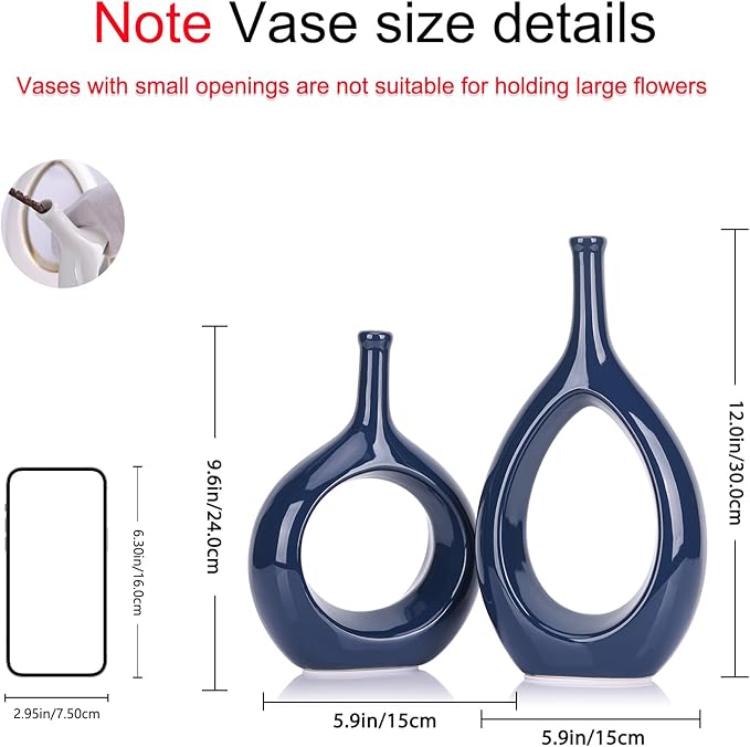Navy Blue Vase Ceramic Blue Vases Home Decor,Modern Minimalist Circle with Hole Decorative Vase, Hollow Ellipse Flower vases for Bookshelf, Fireplace Mantle, Centerpieces,Farmhouse,Rustic Décor