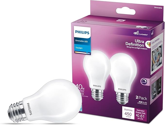 PHILIPS LED 40W A19 8-Pack Ultra Definition Daylight (5000K) 450 Lumen (5W = 40W) Dimmable Frosted Flicker-Free Light Bulbs
