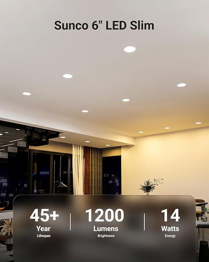 Sunco 48 Pack Recessed Lighting 6 Inch LED, Canless Ceiling Lights Slim with Junction Box, 1200 LM, 14W (100W Equivalent), 2700K Soft White, Dimmable, Wafer Thin, 50000 Lifetime Hours ETL