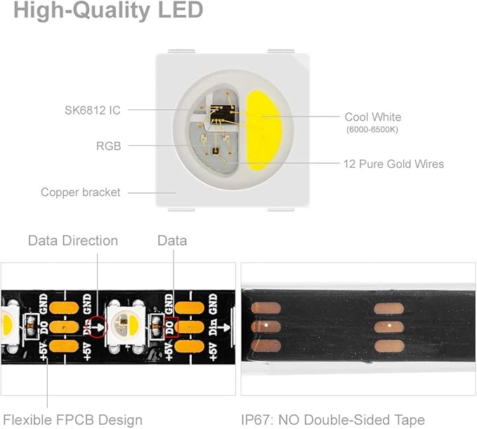 BTF-LIGHTING RGBW RGB+Cool White SK6812 (Similar WS2812B) 4 Colors in 1 LED Strip Individually Addressable 16.4ft 60Pixel/m 300LED Light Dream Color IP67 DC5V Black PCB (No Adapter or Controller)