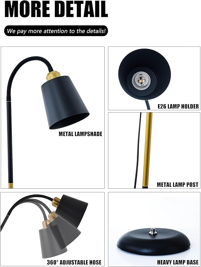 AoMck Floor Reading Lamp, Industrial Metal Floor Lamps for Living Room with Adjustable Bendable, 2 in 1 Reading Table Lamps for Living Room Bedroom Office, 12W Bulb Included (Black)