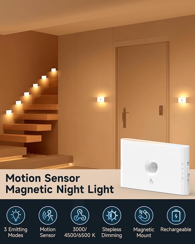Yiliaw 6-Pack Rechargeable Motion Sensor Stair Lights White, Dimmable Night Lights with 3 Modes & 3 Color Temperatures, Magnetic, Stick-On Stair Lights Indoor for Hallway, Stairway, Bathroom, Kitchen