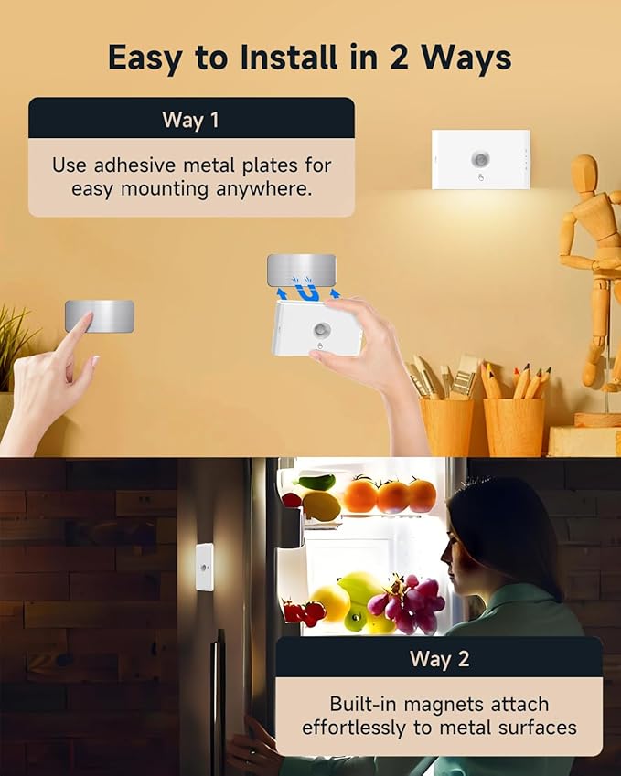 Yiliaw 6-Pack Rechargeable Motion Sensor Stair Lights White, Dimmable Night Lights with 3 Modes & 3 Color Temperatures, Magnetic, Stick-On Stair Lights Indoor for Hallway, Stairway, Bathroom, Kitchen