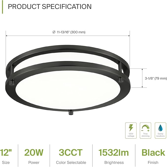 ASD LED 12" Round Flush Mount Lighting, Close to Ceiling Light Fixture | 3CCT, Dimmable, Energy Star, ETL Listed | 20W 1532LM 3000-5000K 120V | Low Profile Double Ring Lamp | Black