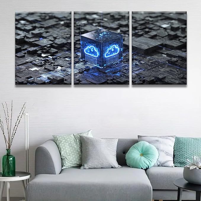 LSIUHWUWI Bedroom Wall Decor 3 Panel Cloud Computing Vetwork Security Concept Artwork Print on Canvas for Living Room Bedrooms Wall Decorations, Wooden Framed Ready to Hang 12x16inchx3