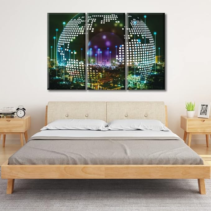 Wall Decor City with Wireless Network Connection Concept Posters and Prints 3 Piece Abstract Communication Technology Concept Art Prints Wall Art Giclee Print Gallery Packaging Artwork (60"Wx40"H)