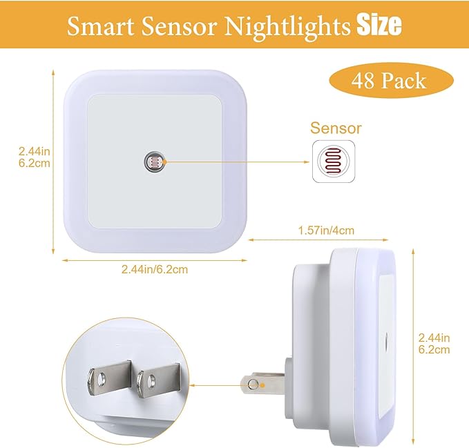 Tuanse LED Night Lights Plug into Smart Sensor Automatic Night Lamp Nightlights Accessories for Bedroom Bathroom Toilet Stairs Kitchen Hallway(48 Pcs,White,Warm Light)