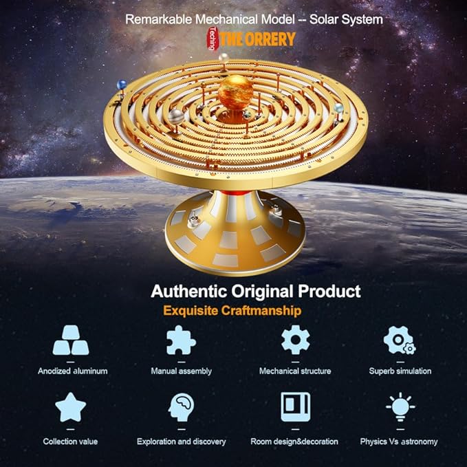 Metal Solar System Model Kit That Works - Motorized Metal Planetarium with LED Night Light Sun, Educational STEM for Adults, Classroom Science Project, Unique Desk Decor Gift