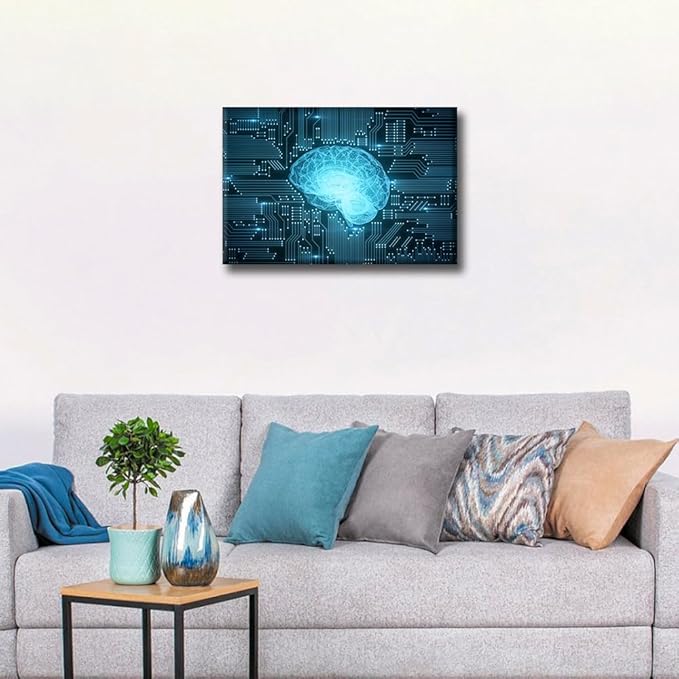 TUMOVO Wall Art for Living Room Artificial Intelligence Brain Canvas Wall Art Technology Digital Art Contemporary Wall Art Posters Modern Artwork Ready to Hang for Bedroom Office, 18x12in