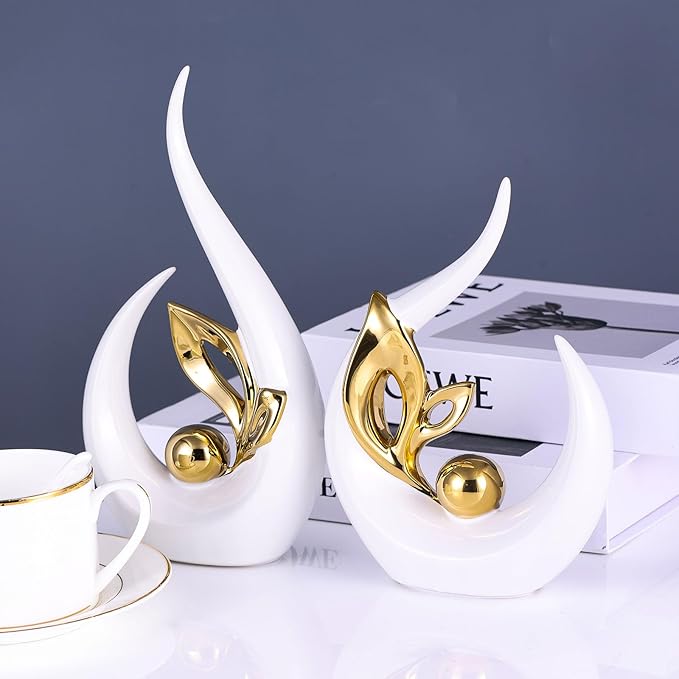 XMGZQ White Gold Ceramic Statues for Home Décor Accents,Abstract Art Mid Century Modern Decor,Elegante Centerpiece Table Decorations,Gold Sculpture for Entryway,Tv Stand,Mantel,Coffee Table