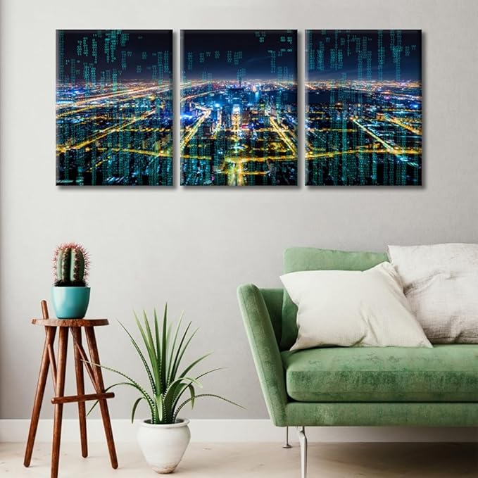 TUMOVO 3 Panel Modern City with Wireless Network Connection Canvas Wall Art Technology Science Poster Artwork Pictures Black and White Wall Art Stretched and Framed Ready to Hang (36" Wx16 H)