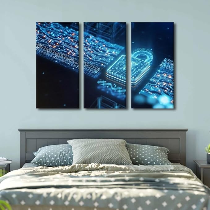 3 Panel Canvas Print Art Set Cyber Security Posters Modern Wall Art for Bedroom Living Room Wall Decorative, Cybersecurity Artwork Wooden Framed Gallery-Wrapped Ready to Hang, 42" Wx28 H