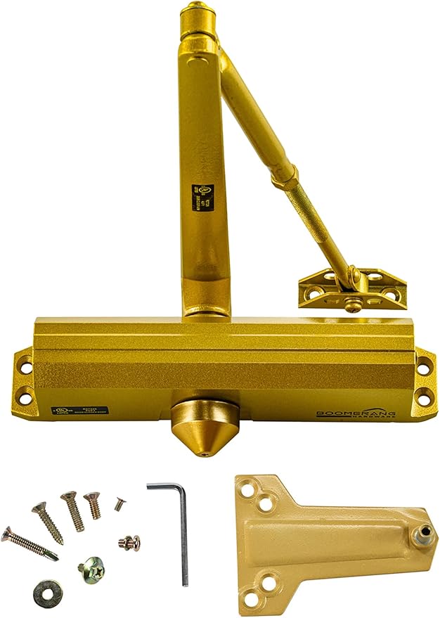 Boomerang Medium/Heavy Duty Automatic Commercial Door Closer -D4016 Surface Mounted, Grade 1- ADA & UL 3 Hour Fire Rated, Adjustable Size 1-6 for Entry & Aluminum Storefronts, Painted Brass/Gold (US4)