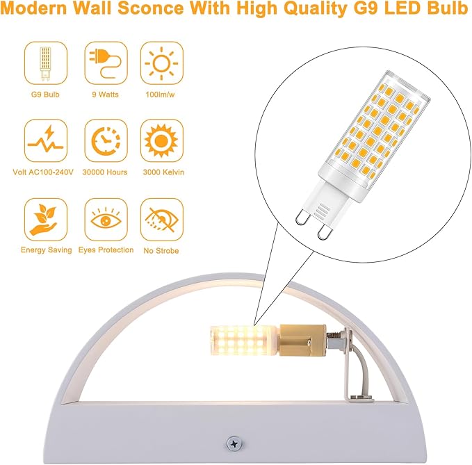 White Modern LED Wall Sconce (with G9 Bulbs) Hardwired Indoor Wall Lights Set of 2 Up and Down Wall Mount Light for Hallways, Bedrooms, Hallways, Living Room 3000K Warm White