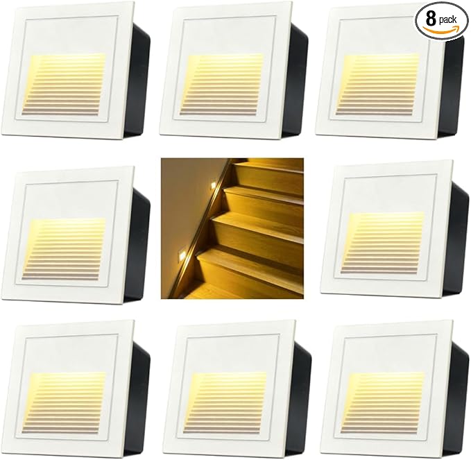 120V Indoor Outdoor Step Lights, Indoor LED Stair Lights Warm White 3000K, Waterproof Recessed Wall Lights for Stair, Bedroom, Kitchen, Balcony, Hallway, Aluminum, 8Pack