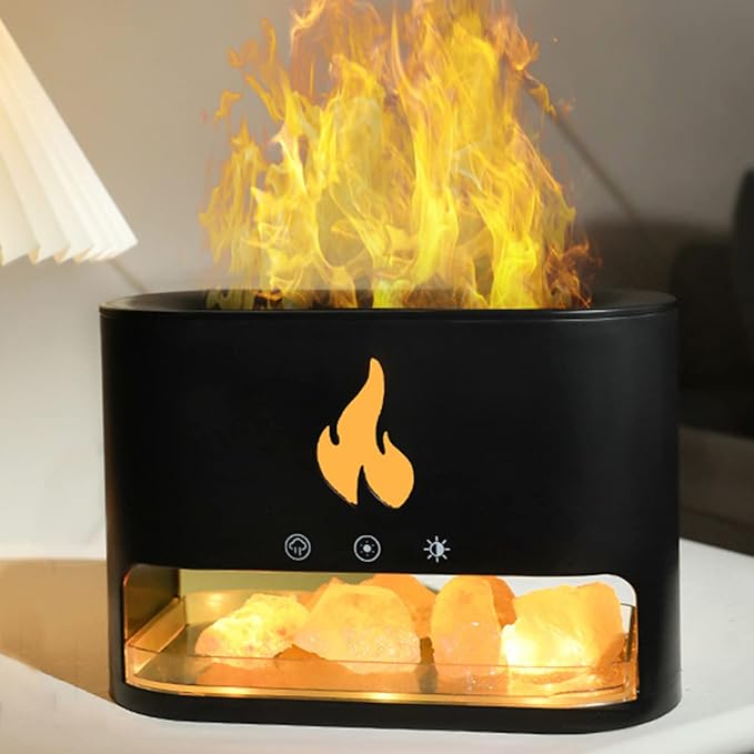 Essential Oil Diffuser, Fireplace Flame Fire Oil Diffuser, 250ml Himalayan Salt Lamp Diffuser, Cool Mist Aromatherapy Humidifier with 7 Colors Light, Timer & Auto-Off for Home, Room (Black)