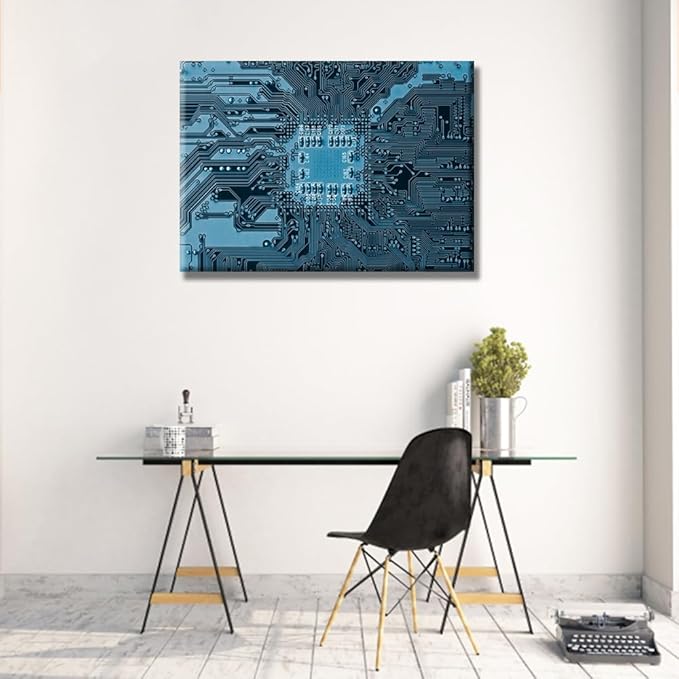 Technology Digital Wall Art CPU Concept Abstract Picture for Bedroom Blue Electronic Circuit Artwork Print On Canvas Electronic Board Bedroom Wall Art for Living Room Framed Ready to Hang 20X28 INCH