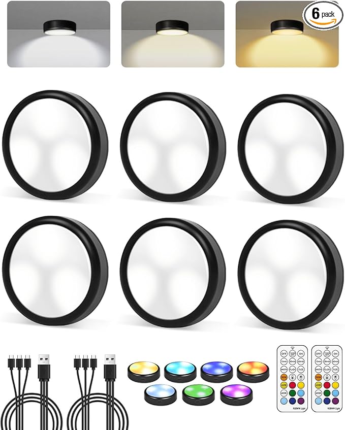 6-Pack Puck Lights with Remote, 1800mAh Rechargeable Under Cabinet Lighting, 3 Color Temps & 7 RGB Colors, Long-Lasting Dimmable Stick-On Lights for Cabinet, Kitchen, Shelf, Party